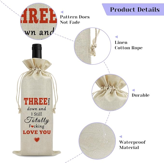 Sfodiary 3 Years Marriage Gift for Wife Husband Wine Bag 3rd Anniversary Wedding Gift for Couples Burlap Wine Bag Anniversary Keepsake Gift Birthday Christmas Valentine Gift for Her Him Wine Gift Bag