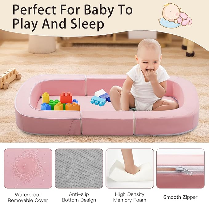 Todldler Baby Travel Bassinet Bed & Chair, Fold Out Sofa Couch Lounger with 2-1 Mosquito & Canopy, Foldable Portable Travel Cot with Foam Raised Safety Bumpers for Infant Toddlers 0-36 Months (Pink)