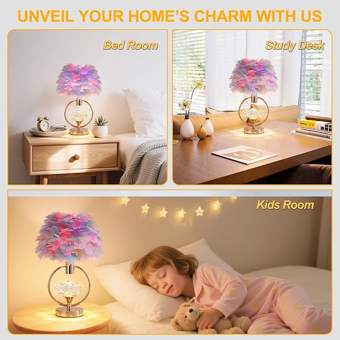 Colorful Feather Lamp Unique Feather Bedside Nightstand Light Goose Furry Desk Lamp Romantic Atmosphere Table Lamp for Girl Bedroom Wedding Decor Living Room Hotel 17IN