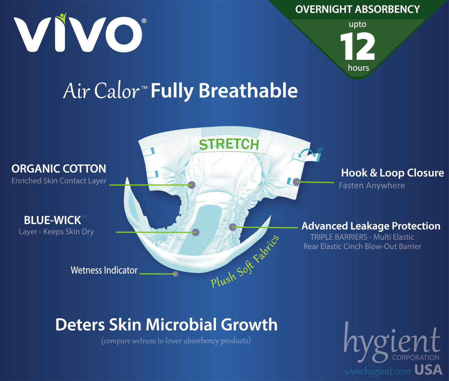 VIVO Organic Cotton Overnight Sensitive Skin Adult Incontinence Diaper Briefs with Tabs, Medium 22 Count