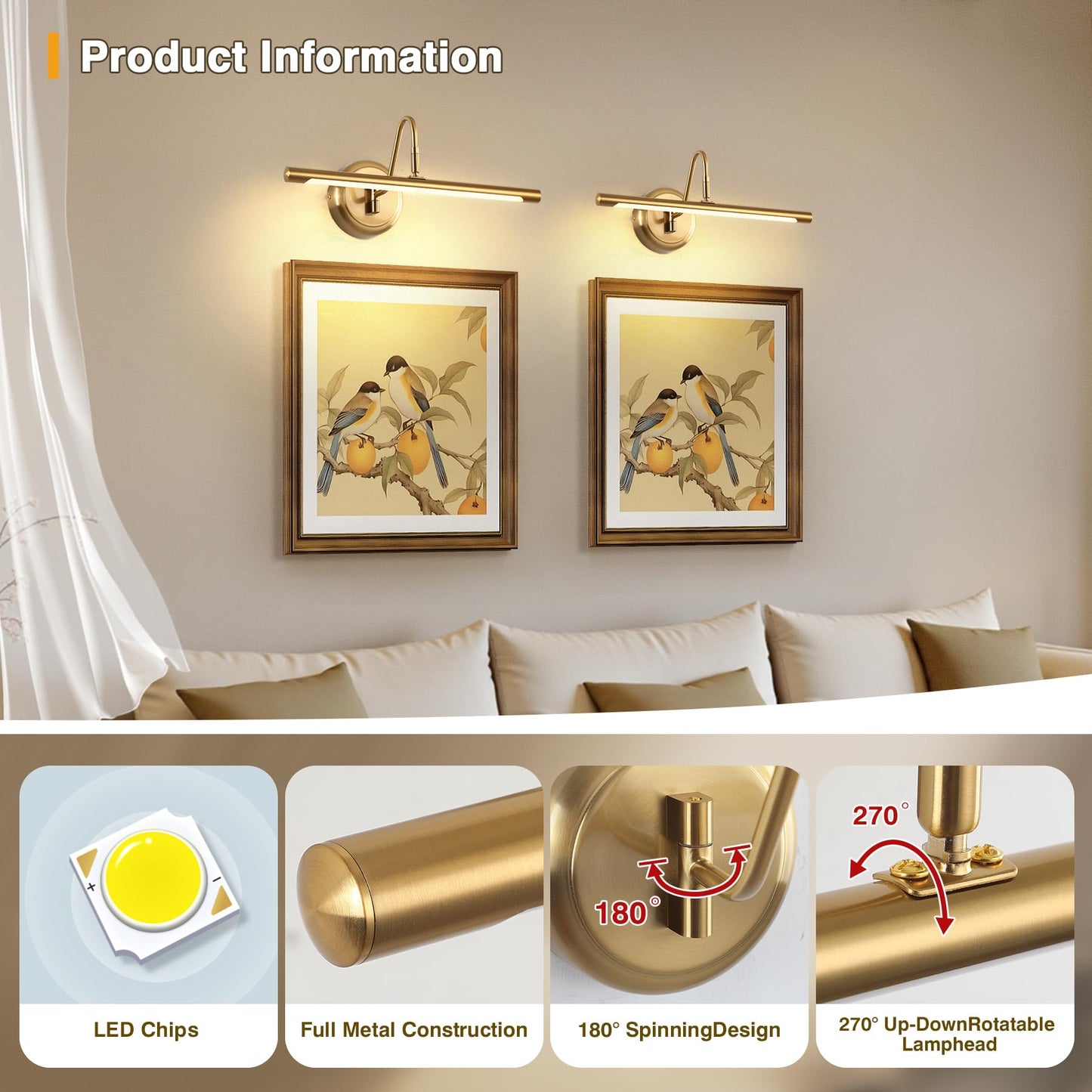 JOOSENLUX Picture Light LED Wall Lamp 16.5in Brass 9W 3000K Hardwired Swing Arm Model 7940