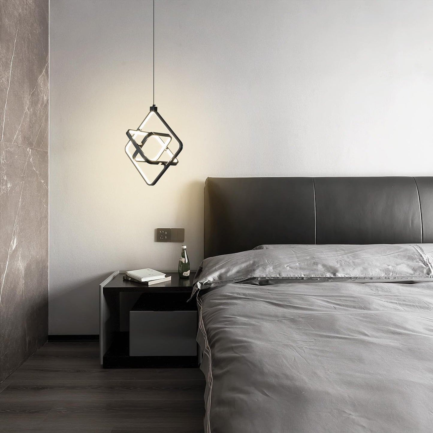 Bnhhlz Modern Led Pendant Lights Plated Black Rectangular Pendant Light Fixtures 4000K 35W Dimmable Pendant Lighting For Dining Room Kitchen Island Bedroom Living Room Foyer(3-Ring)