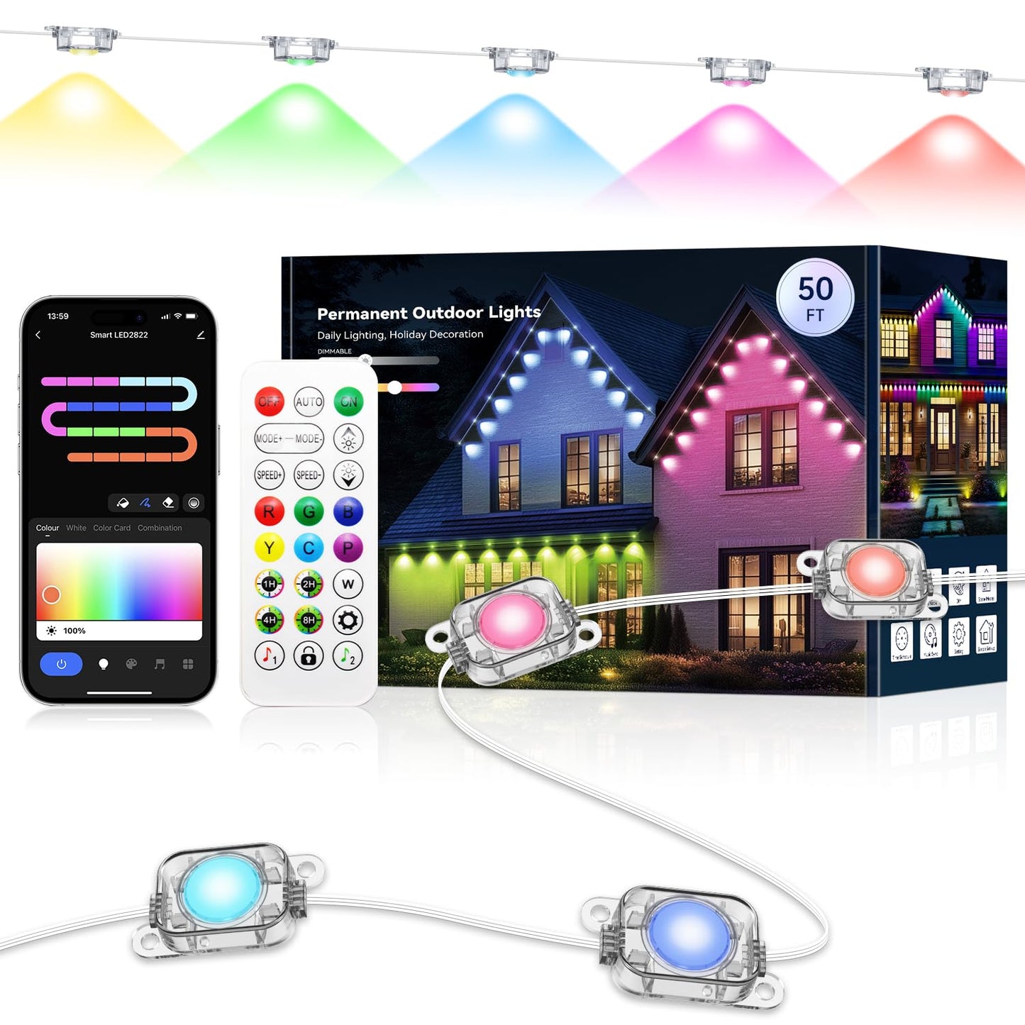 lemonlovely Permanent Outdoor Lights, 50ft, 25 Smart IC+RGB+CW LEDs, Waterproof, White, Model 2323, App/Remote Control