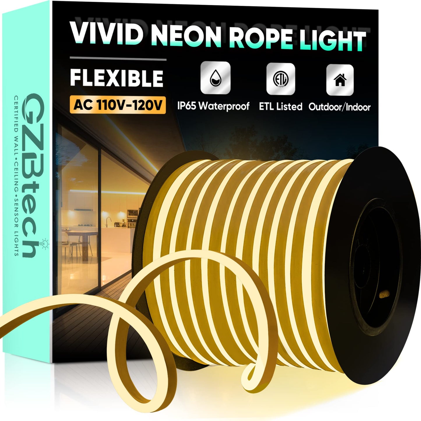 Gzbtech Flexible Led Neon Rope Lights 132Ft Ac 110-120V Waterproof Strip Light  120 Leds/M Cuttable Connectable Neon Lighting For Indoor Outdoor Home Decor/Commercial Building Use-Warm White 40M