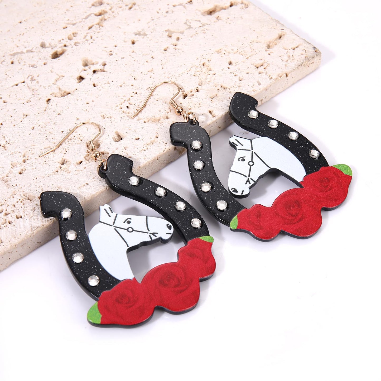Kentucky Derby Race Horse for Women Glitter Acrylic Rhinestone Horseshoe Rose Drop Dangle Earrings Jewelry Gift for Horse Racing