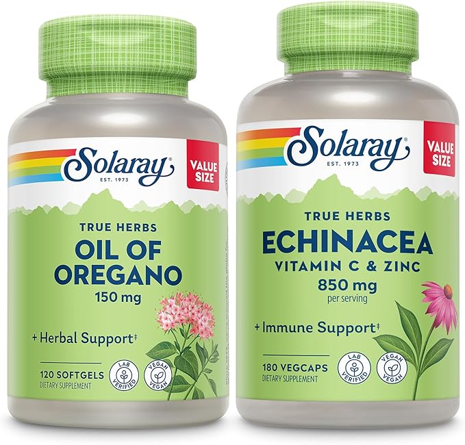 SOLARAY Oil of Oregano Softgels and Echinacea, VIT C & Zinc Immune Support Supplement - Oregano Oil and Echinacea Capsules w/Vitamin C 500mg Plus Bioflavonoids, Vegan, 60-Day Guarantee, 120ct/180ct