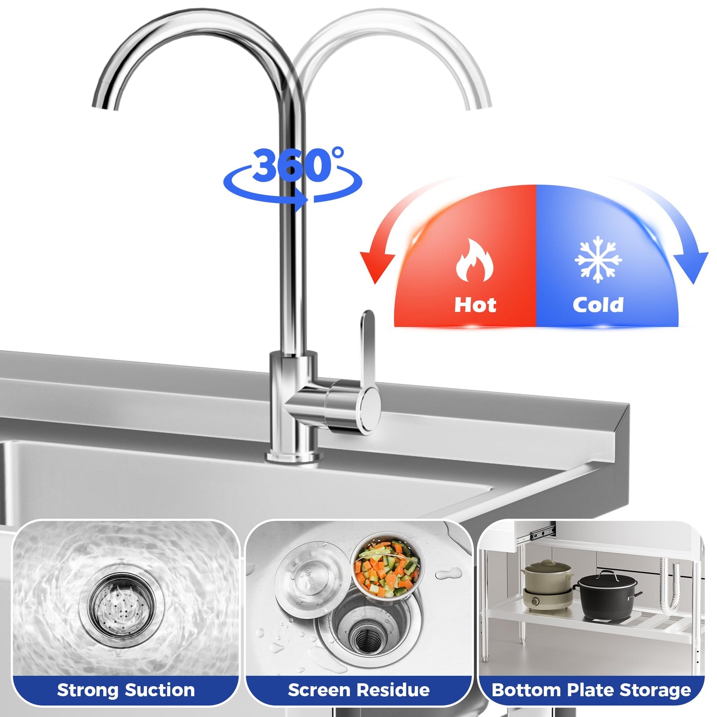 39" 304 Stainless Steel Utility Sink with Faucet – Free Standing Single Bowl Kitchen Sink with Workbench & Drawer Storage, Hot/Cold Water Pipes for Laundry, Farmhouse & Outdoor Use