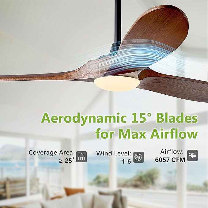 Ceiling Fans with Lights, 60 Inch Solid Wood Propeller Ceiling Fans with Lights and Remote Control Outdoor Ceiling Fan for Patios Indoor Living Room 3 Blades, DC Motor ETL Listed, Dark Walnut