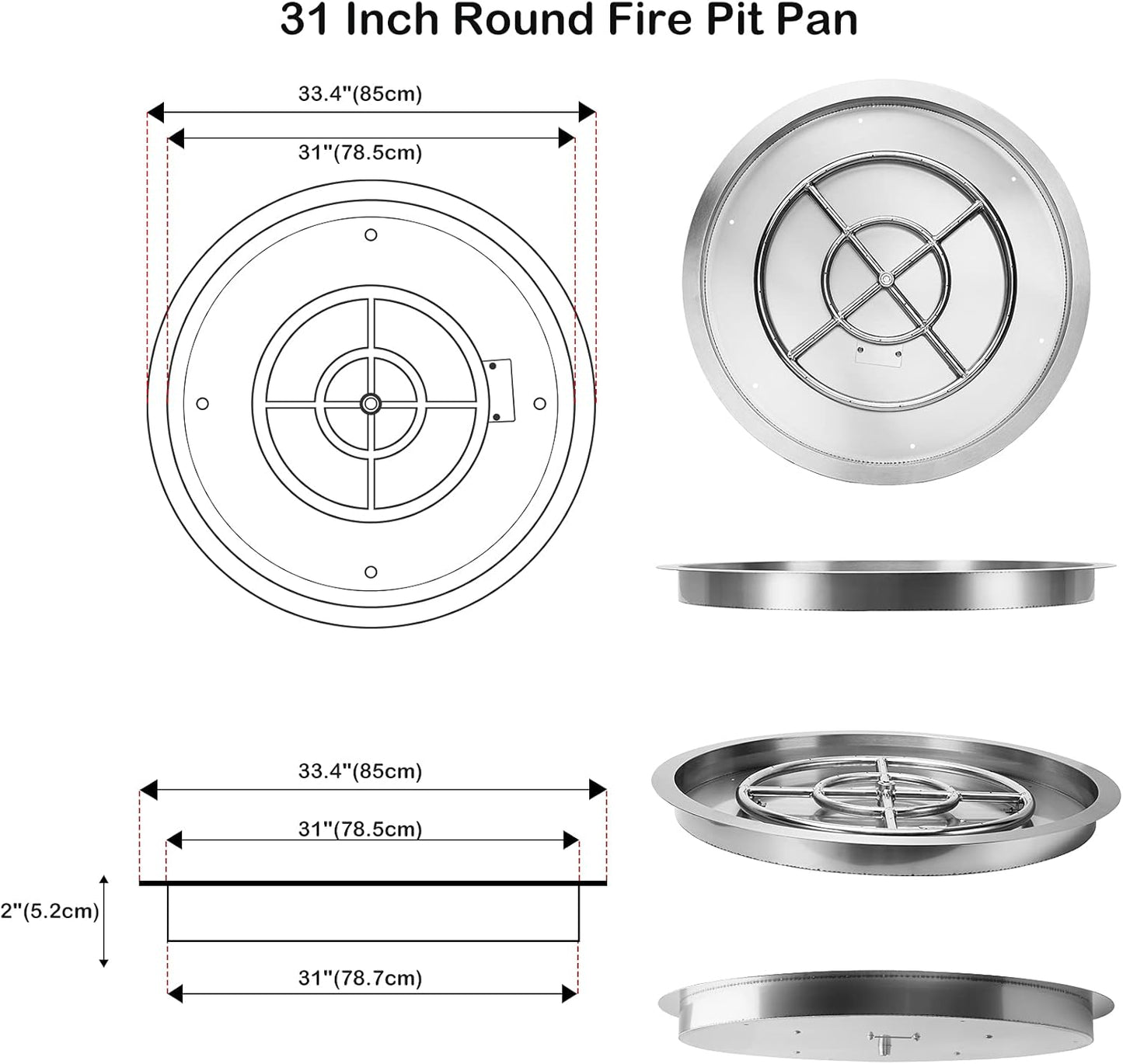 Stanbroil 31 Inch Drop-in Round Natural Gas Fire Pit Kit with Spark Ignition Kit, 304 Stainless Steel Gas Firepit Burner Insert for Outdoor Indoor- Natural Gas Version
