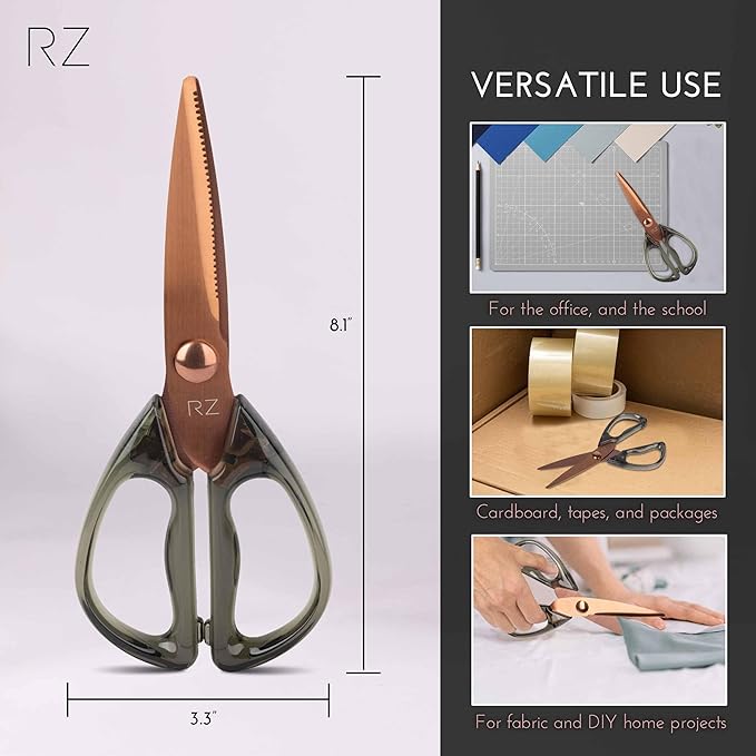 Rachel Zoe All Purpose Scissors, Scissors for Office, School or Art, Stainless Steel Sharp Shears with Large Handles, Dishwasher Safe (Green/Copper)