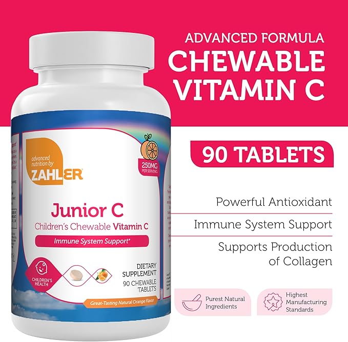 Zahler Junior C Advanced Chewable Vitamin C for Kids - Immune Support Kids Vitamins in Delicious Orange Flavor - Kosher Kids Vitamin C for Immunity - Vitamin C Chewable Antioxidant - (90 Count)