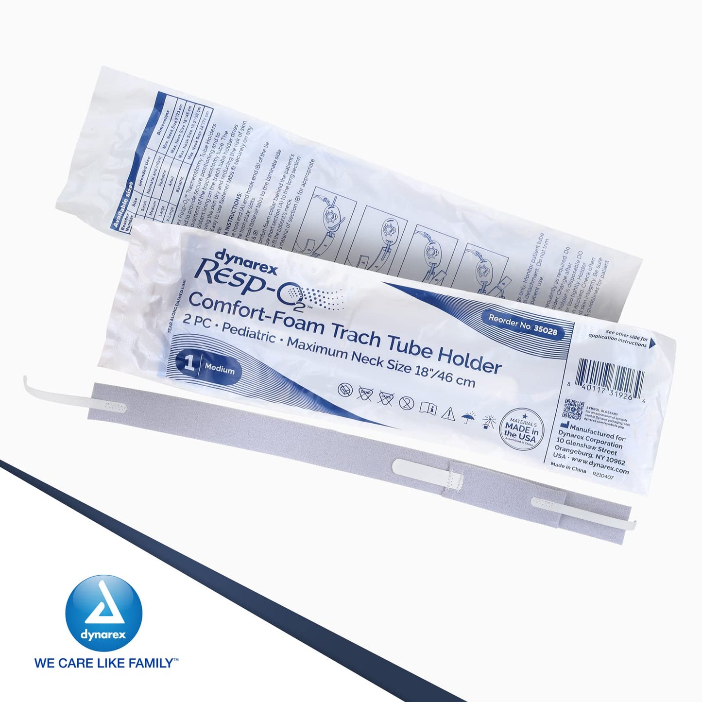 Dynarex Comfort-Foam Tracheostomy Tube Holder - with Soft Foam Tube Padding & Secure Hook & Loop Closure, Supports & Stabilizes Airflow - Tracheostomy Supplies - 2 Piece, Medium, Box of 10