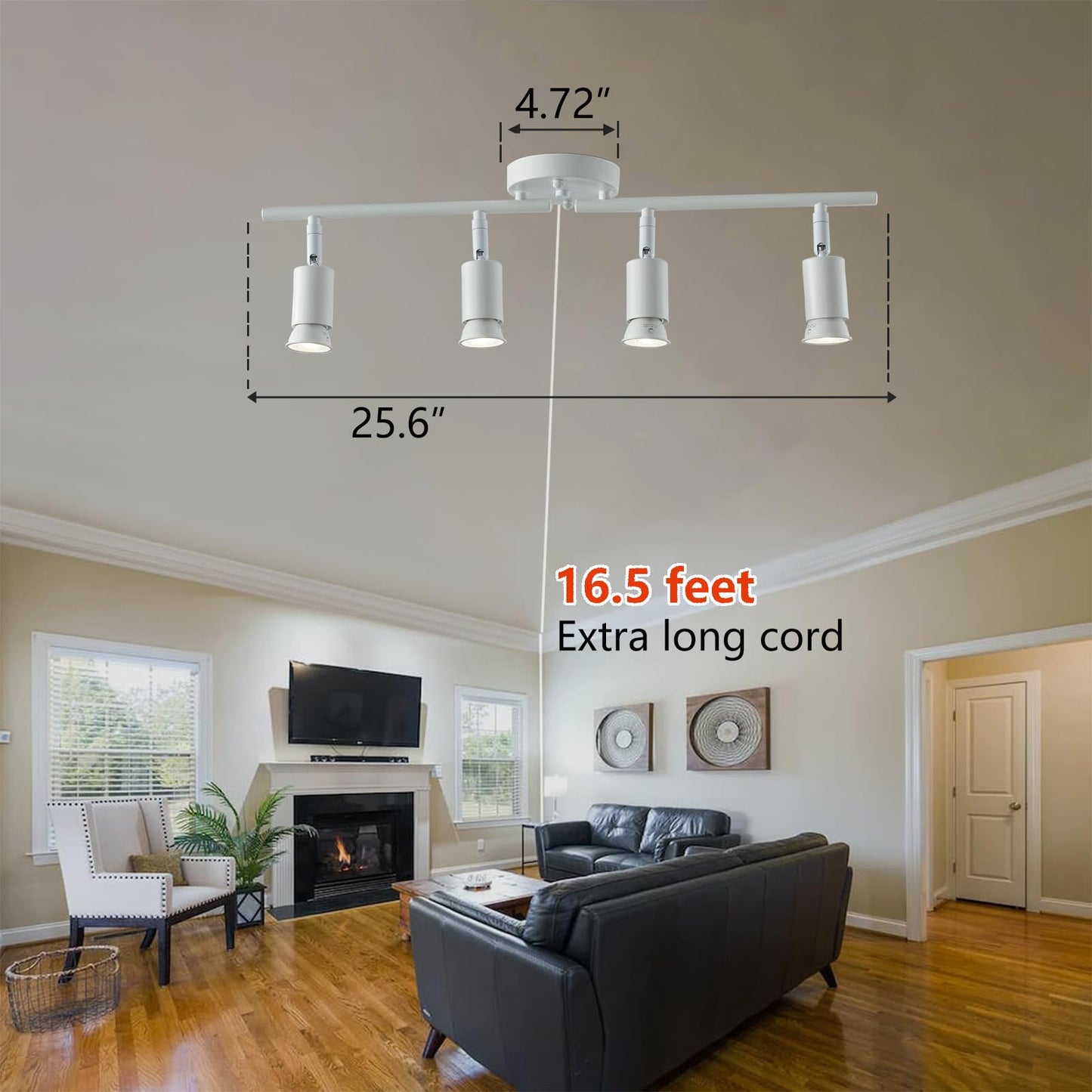 Vivihobb Dimmable Plug In Track Light White 4 Light Plug In Ceiling Lighting Fixture With 16.4 Long Cord 4 Way Ceiling Spotlight Rotatable Wall Mount Light Head Led Dimmable Spot Bulbs Included