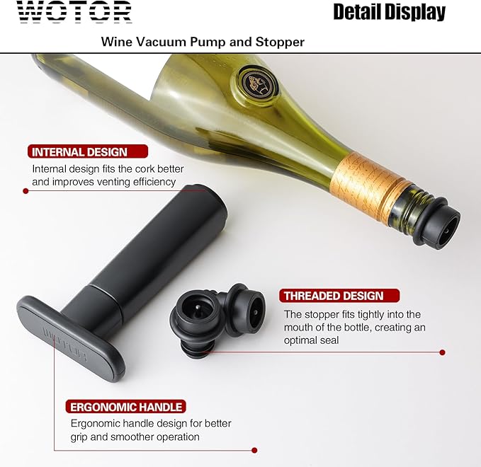 Wine Saver Vacuum Pump with 4 Stoppers, Wine Stopper, Wine Preserver, Reusable Bottle Sealer Keeps Wine Fresh, Ideal Wine Accessories Gift (Flat Handle)