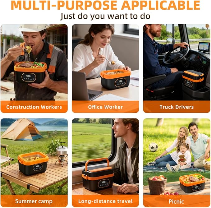 Cordless Electric Lunch Box,20000mAh Heated Lunch Box Rechargeable Battery Powered Self-Heating Food Warmer,1.5L Large Capacity Portable for Car,Work,Office,Travel,Picnic&Outdoor (Black & Orange)