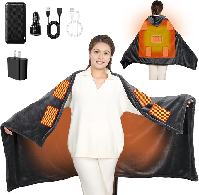Cordless Heated Blanket with Hood, USB Battery Powered Heated Wearable Blanket with 9 Heating Zones, 20000 mAh Power Bank,...