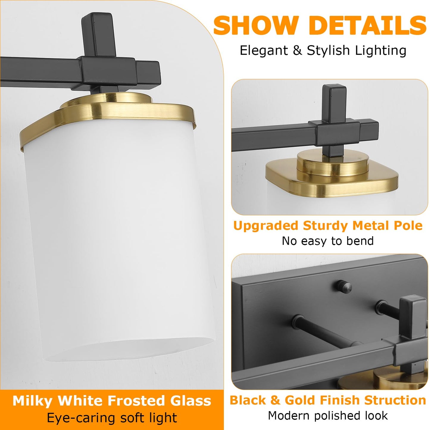 Spiglamm 3-Lights Black and Gold Bathroom Lighting Fixtures Over Mirror, Anti-Rust Vanity Wall Lights for Bathroom with Milky White Frosted Glass Shades, Modern Bath Wall Lamp for Living Room Bedroom