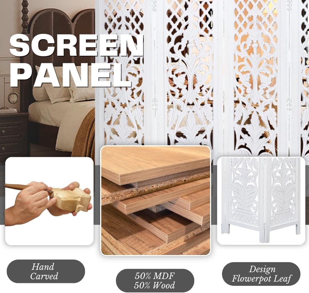 Room Divider Wood Screen Panel – White, 4-Panel Folding 64"x54", Hand-Carved, Reversible Privacy Partition, Decorative & Functional Portable Room Divider for Home or Office