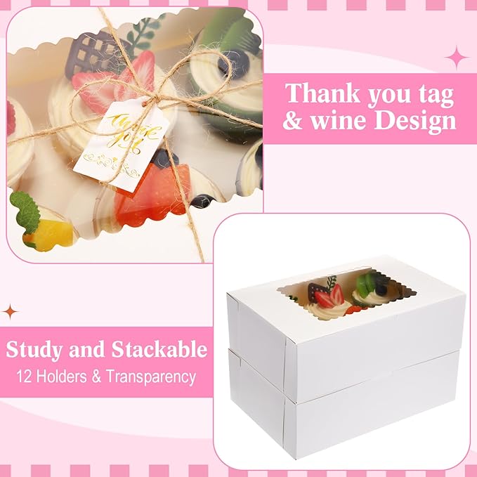 36 Pack Cupcake Boxes Hold 6 Count Christmas Disposable Cupcake Containers with Window and Cake Carrier with Thanks Card and Jute Rope to Muffins Cupcakes Cookies Gift Wrapping(White)