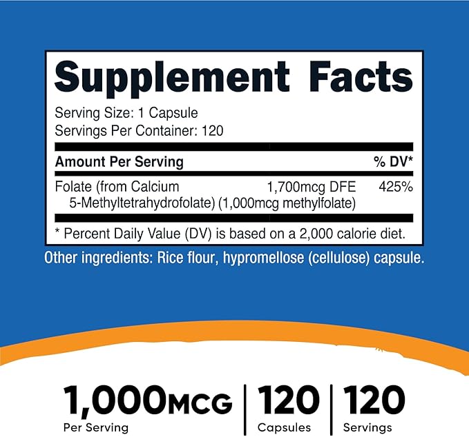 Nutricost Methylfolate 1000mcg, 120 Vegetarian Capsules - Gluten Free, Non-GMO