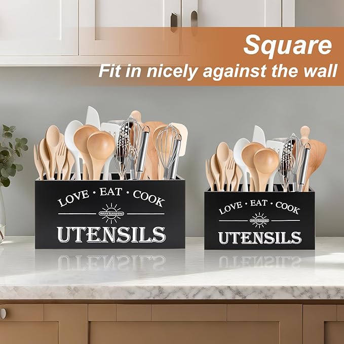 2 Pack Utensil Holder, 6.7"+6.18" Wooden Utensil Holder for Kitchen Countertop, Large Wood Utensil Organizer with Partition for Silverware and Cooking Storage, Farmhouse Kitchen Decor