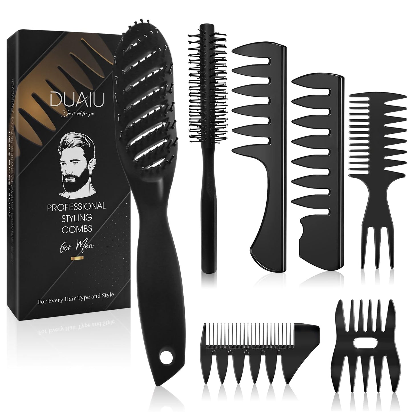 Hair Brush for Men, DUAIU 7Pcs Combs for Men, Hair Styling Comb Set with Vent Hair Brush, Quiff Round Hair Brush, Wide Tooth Com