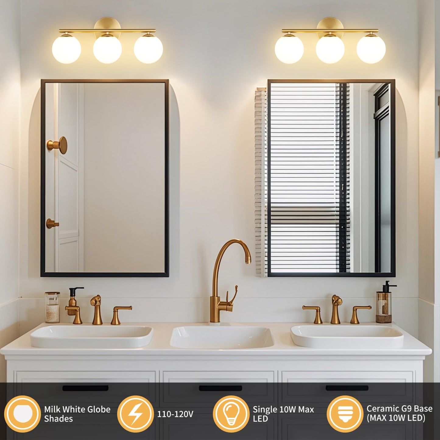 Foucasal Globe Bathroom Light Fixtures 3-Light Brass Gold Vanity Light With Plastic Milk White Globe Shades 11.81 Inch Wall Sconce Lighting Over Mirror  Vanity Lights For Bathroom Bedroom Hallway