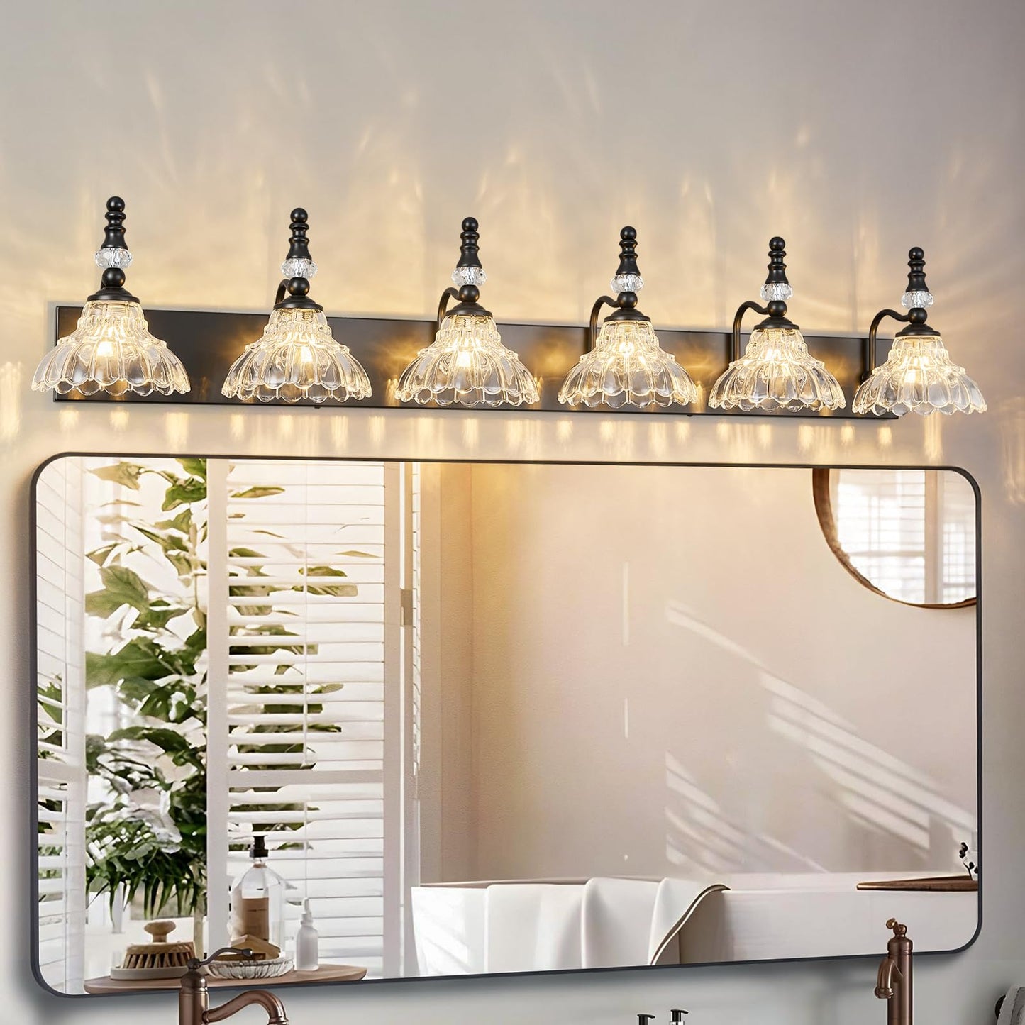 Lbsqj Vintage Bathroom Vanity Light  6-Light Black Vanity Lighting Fixture With Flower Glass Shade  Bathroom Lighting Fixtures Over Mirror
