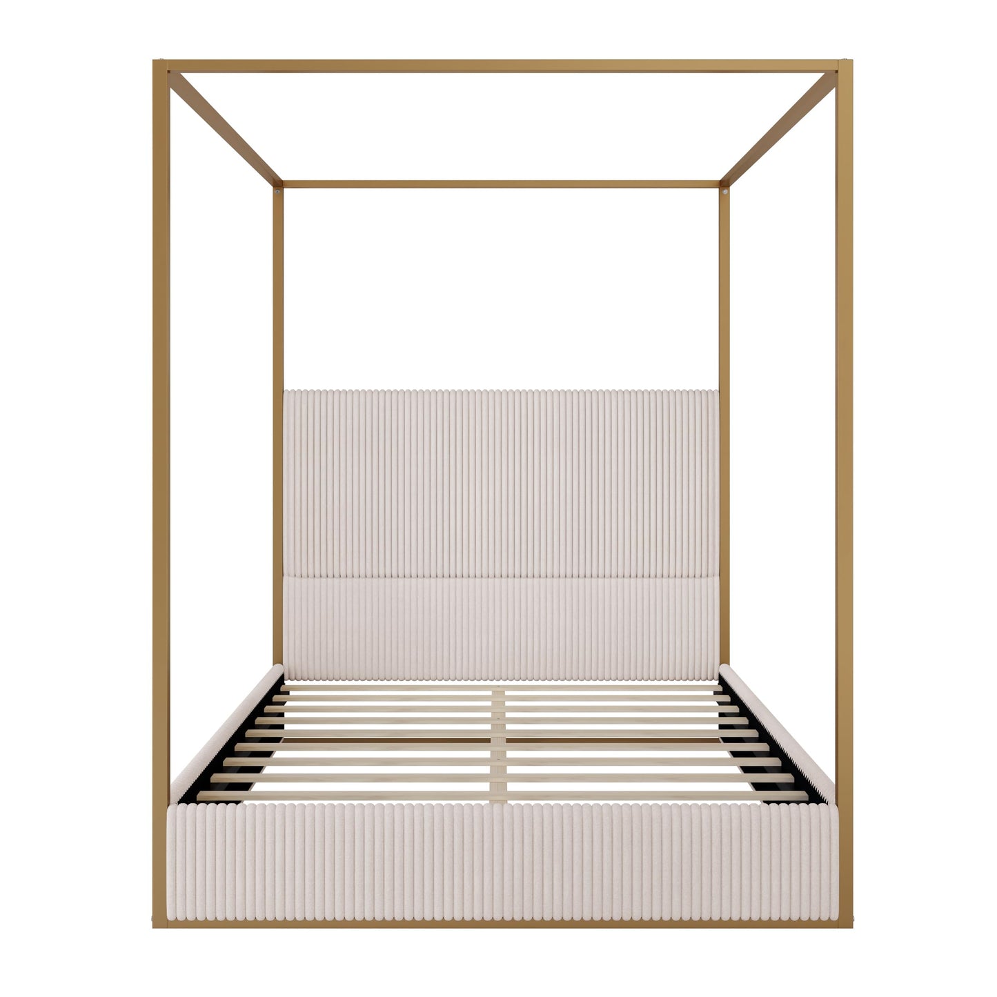 LUMISOL Queen Size Upholstered Canopy Bed, Metal 4 Poster Bed with Tall Corduroy Headboard, Gold Canopy 4 Poster Bed Frame with Headboard for Kids Teens Adults, No Box Spring Needed, Beige