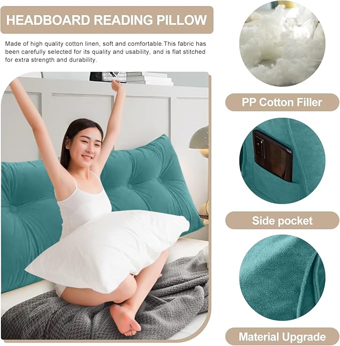 Large Triangular Headboard Pillows Long Backrest Positioning Support Bolster Cushion for Daybed Fluffy Quality Plush Body Wedge Pillow with Removable Cover(Light Blue-Cal King-71x8x20 in)