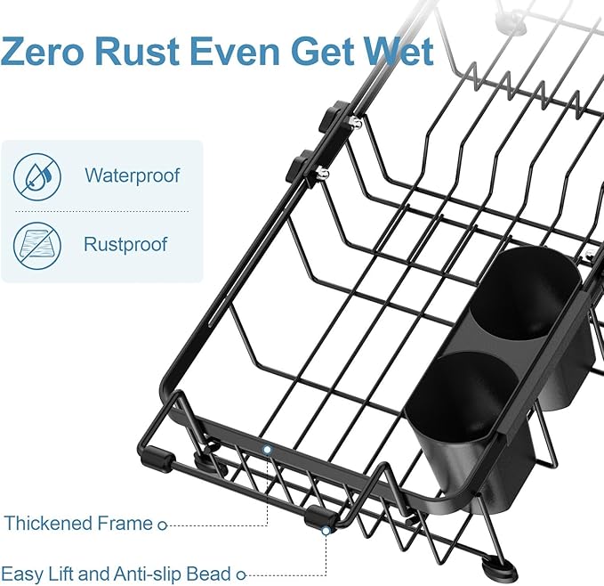 iSPECLE Small Sink Dish Drying Rack, Capacity Expandable Narrow Dish Drainer for RV Sink Apartment Kitchen with Utensil Holder, 12"-16.8" L x 9" W, Black