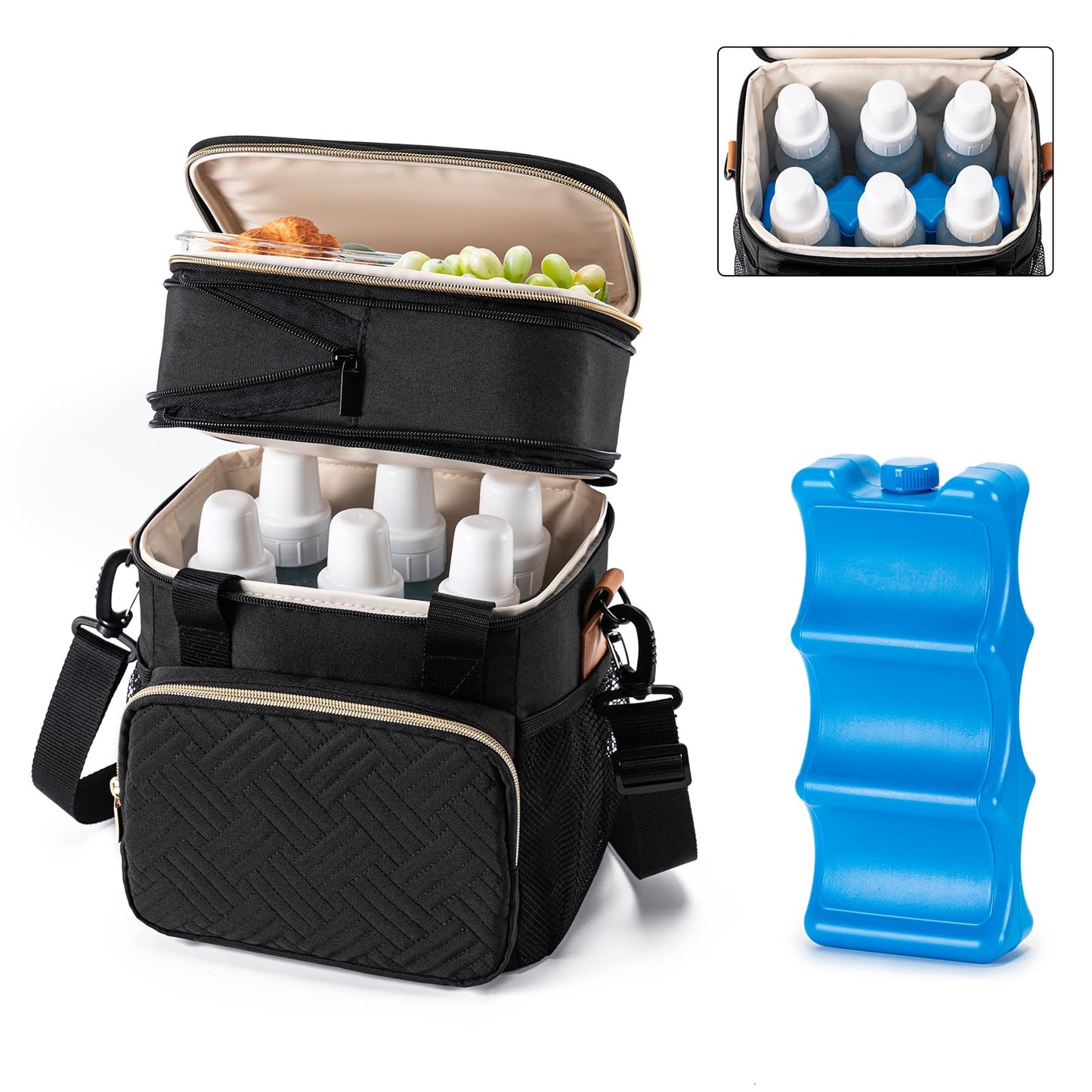 BABEYER Breastmilk Cooler Bag with Ice Pack Fits 6 Baby Bottles Up to 9 Ounce, Expandable Double-Layer Leak-Proof Cooler Bag with Shoulder Strap for Nursing & Working Mom, Black