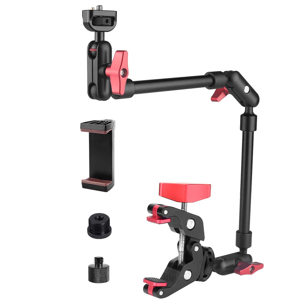 22 Magic Arm w Clamp Camera Mount, Overhead Phone Mount w Dual Ball Head Articulating Mic Boom Arm, 3/8 5/8 Screw Adapters, Adjustable Camera Desk Mount Stand for Webcam Tripod Light Video Rig