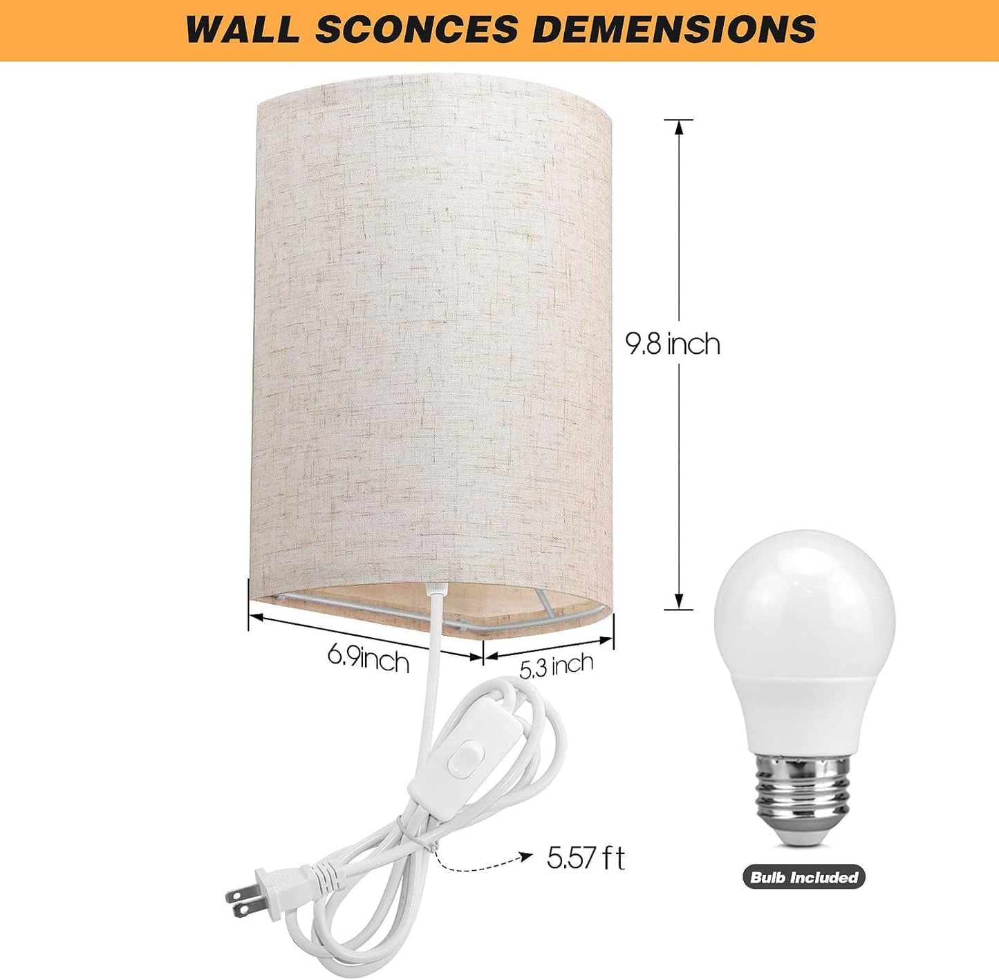 Beser?Win Plug in Wall Sconce Set of Two, Rustic Fabric Lamp with On/Off Switch, Beige