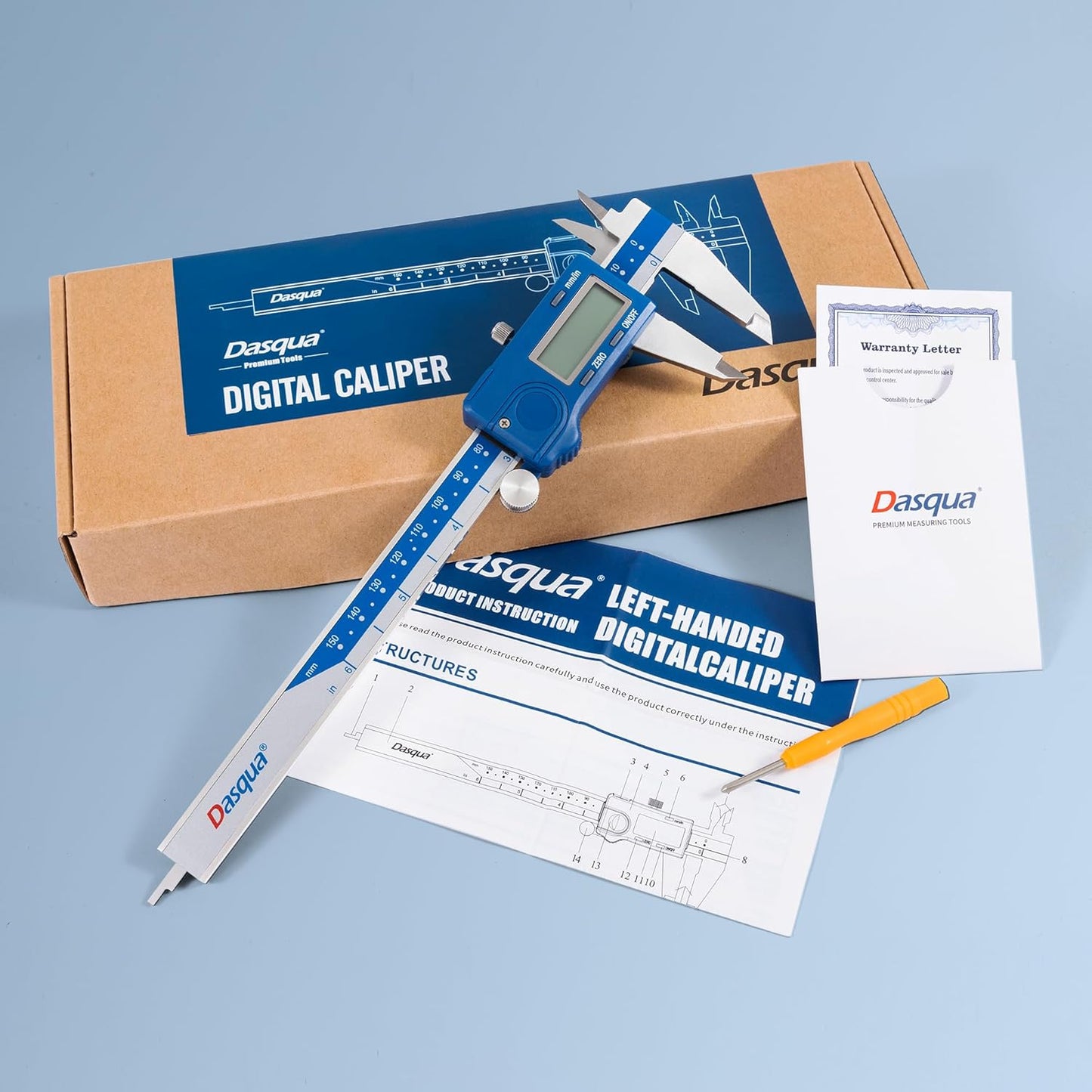 Dasqua Left-Handed Digital Caliper 0-6"/0-150mm Stainless Steel with Large LCD Screen, Dual Unit in/mm, Accuracy ±0.0015"/0.03mm, Resolution 0.0005"/0.01mm, High Precision Caliper Measuring Tool