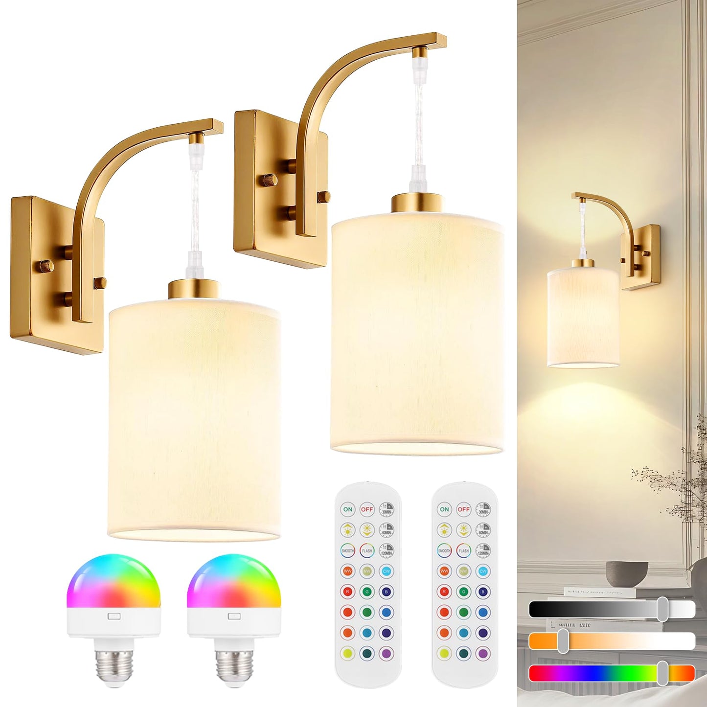 CNOIJUTS Battery Operated Wall Sconces Set of 2, Brass Gold, Rechargeable with Remote & Bulbs, Dimmable, Model W250301RC