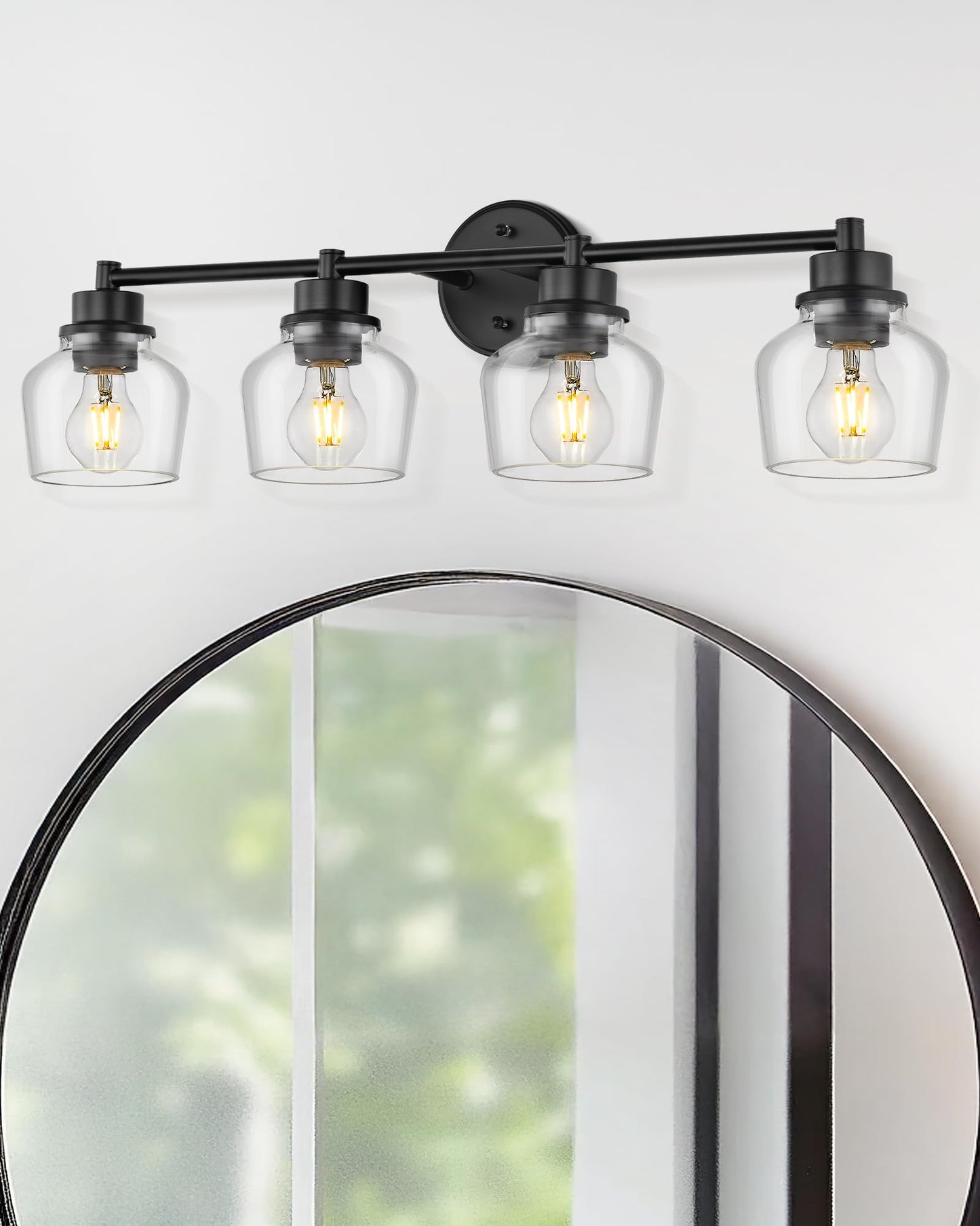 Emak 4-Light Bathroom Vanity Light, 29 Inch Black Bathroom Light Fixtures Over Mirror with Clear Glass Shade, Modern Farmhouse Vanity Lights for Mirror, Bath, VL122-BK-CG-4