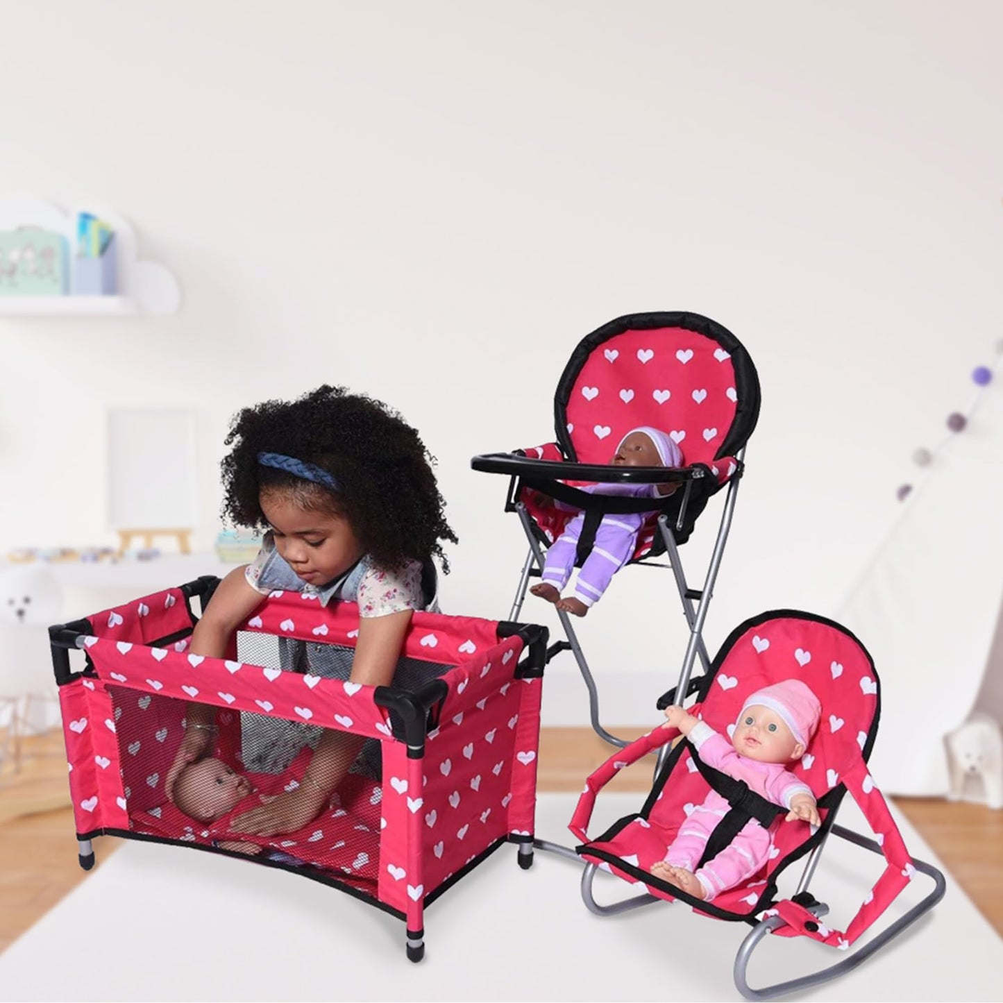 Mega Baby Doll Accessories Set, 3-1 Baby Doll Crib, Baby Doll High Chair & Bouncer Seat. 18 inch Doll Accessories with Doll Bed. 18" Dolls Furniture Play Stuff. Toys for Girls Ages 3-5,4-6,5-7,8-10