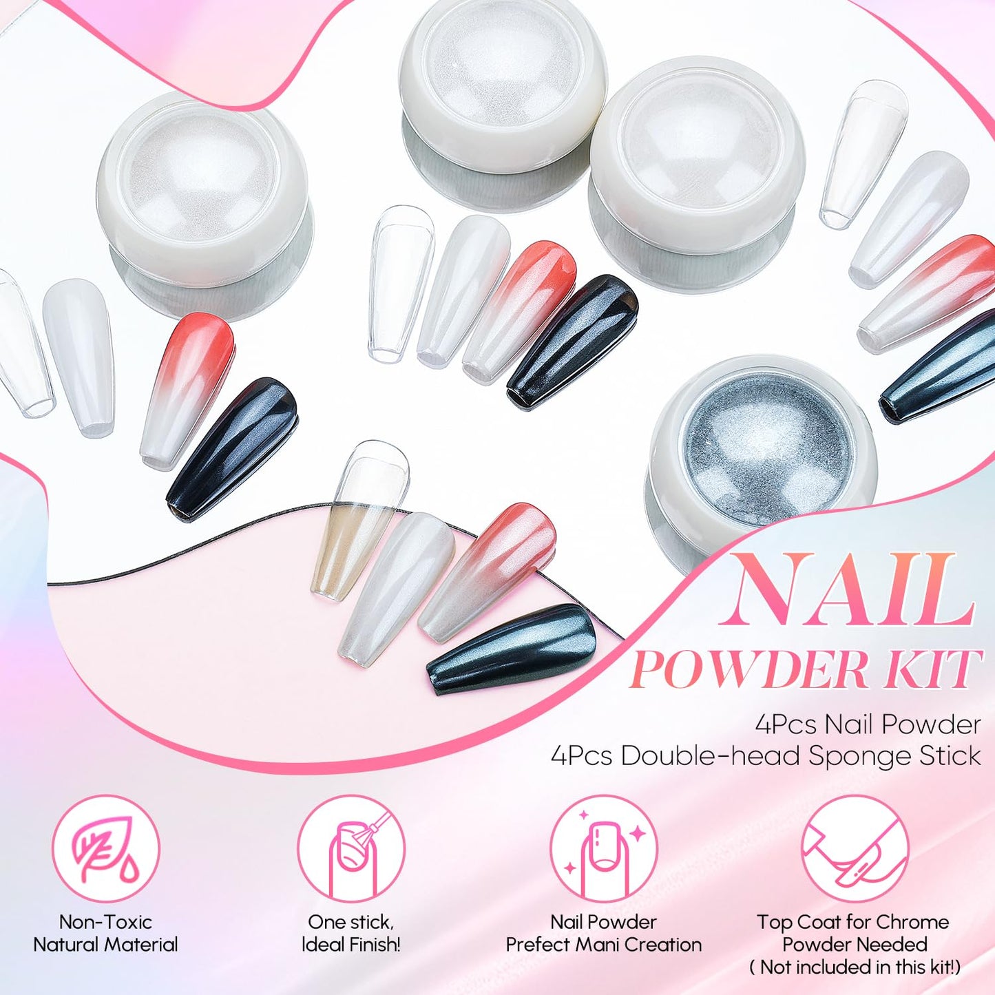 AIMEILI Pearl Chrome Nail Powder, Vegan, Cruelty Free, 4 Colors Aurora Metallic Holographic Mirror Effect Nail Art Pigment Iride