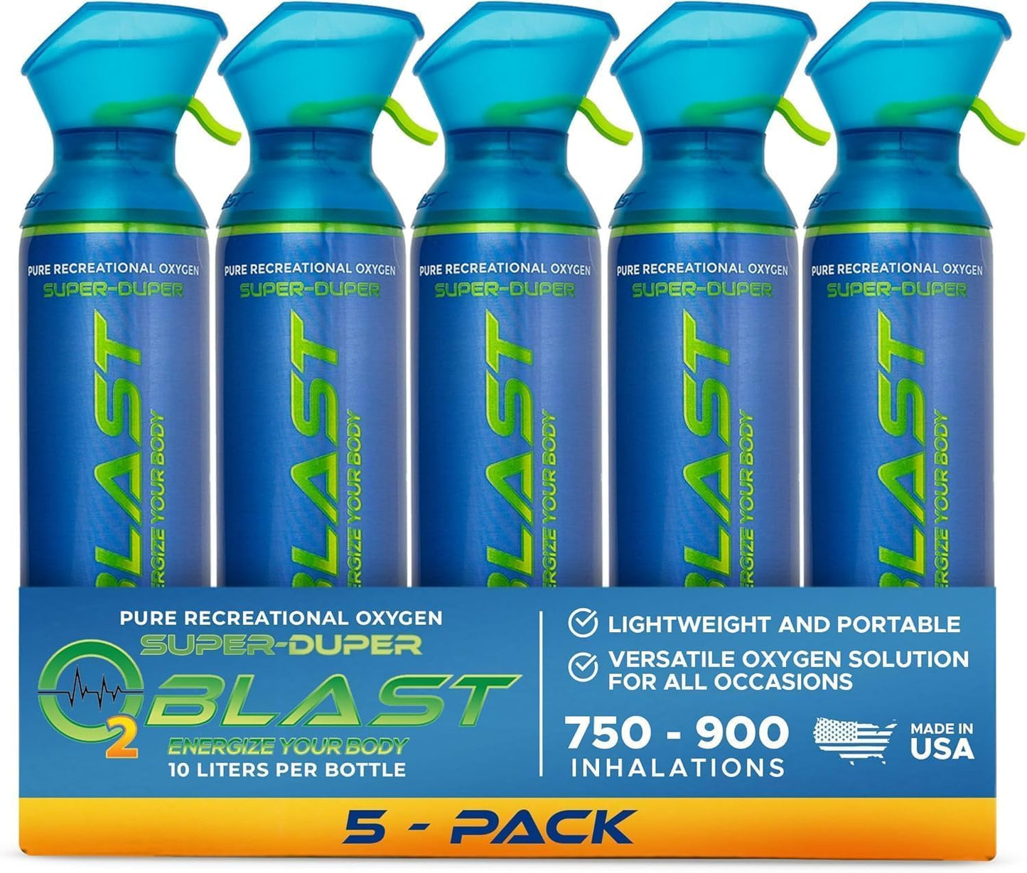 O2 Blast - Portable Oxygen Can, Filled with 99.99% Pure Oxygen in a Can with Breathing Mask for Sports, Travel, and High Altitude Use | On-The-Go Air Support for Hiking and Outdoors – 10L, 5-Pack