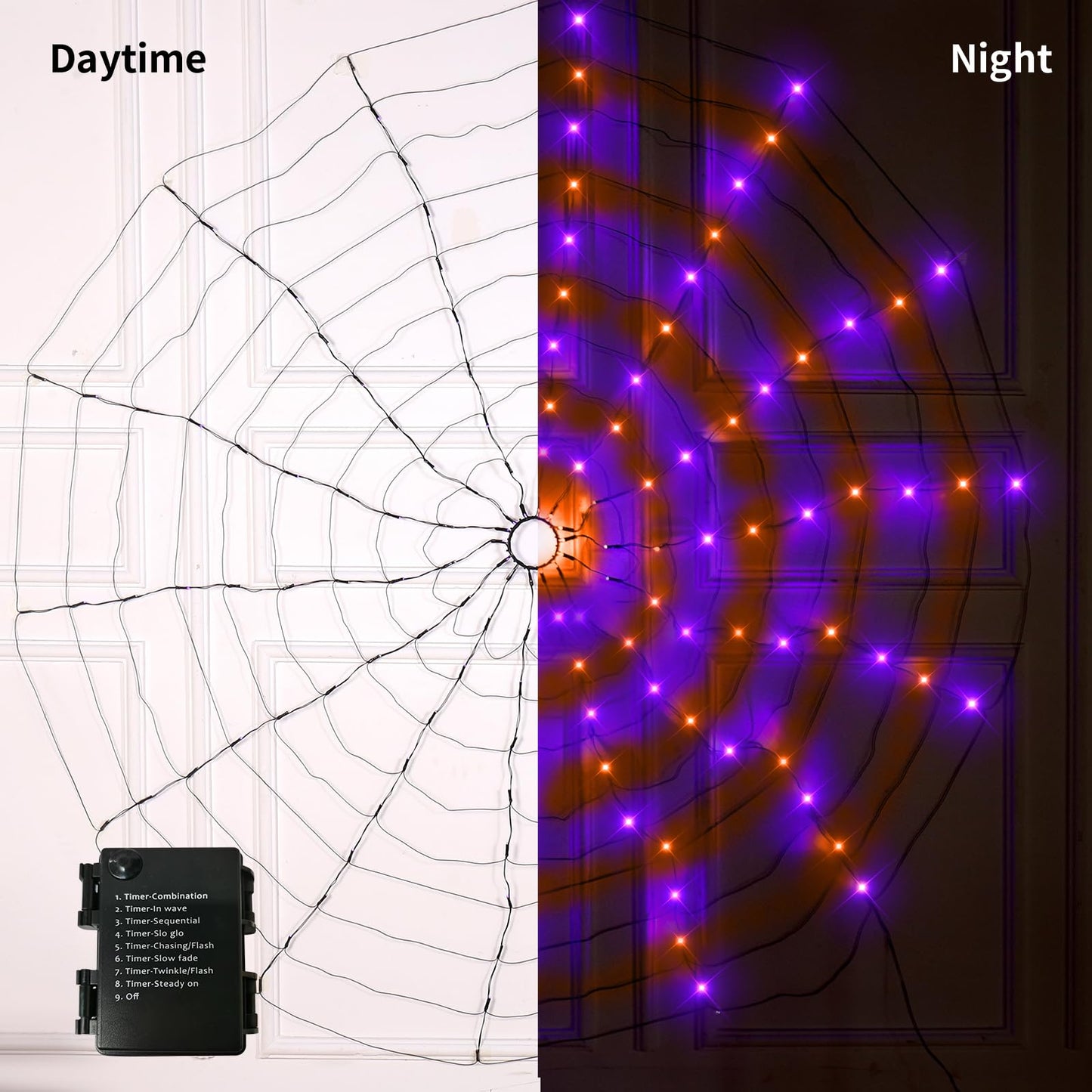 Anycosy Spider Web Lights - 80 LED, 4.3FT, Remote Control, 8 Modes, Orange & Purple, Model FT4-N80OP30