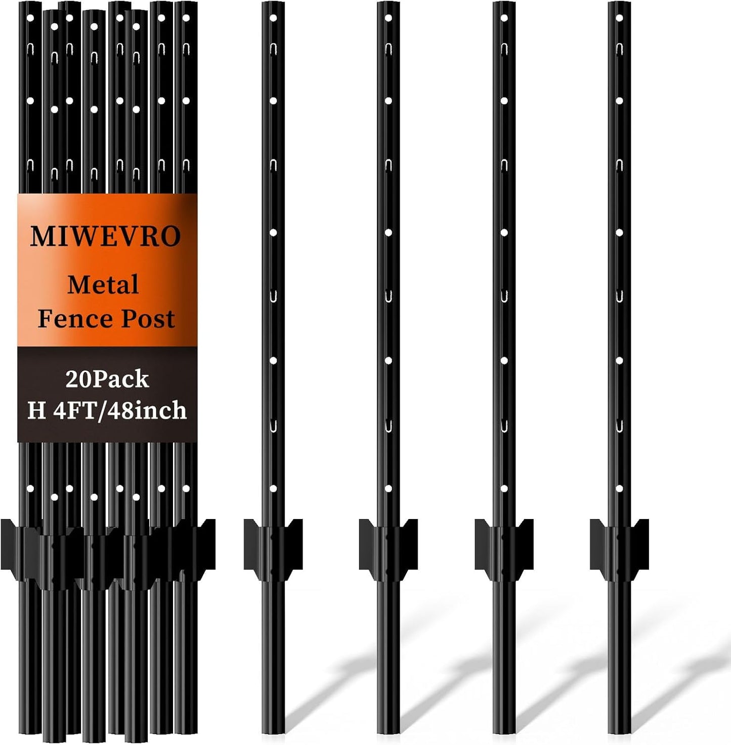 20 Pack Garden Fence Post, 4 Feet Heavy Duty Metal U-Post for Wire Fence, No Dig Garden Fence Stakes for Temporary Fencing, Electric Fence Wire, Corner Anchor, and More-Black