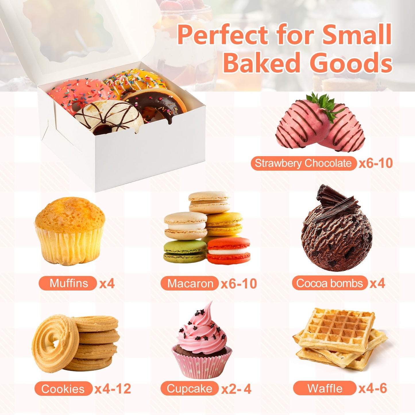 ZYFOTZUN 12 Pcs Cookie Boxes with Window, 6x6x3 Inches White Bakery Boxes, Treat Boxes with 50 Pcs Cookie Bags and 12 Pcs Stickers, for Dessert Pastry Chocolate Strawberries Macarons Donut Cupcake
