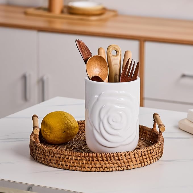Large Utensil Holder Set of 2, 7.5"+ 5.5" - Ceramic Kitchen Countertop Utensil Crock for Spatulas, Spoons & Cooking Tools, Farmhouse Kitchen Counter Decor, White Rose