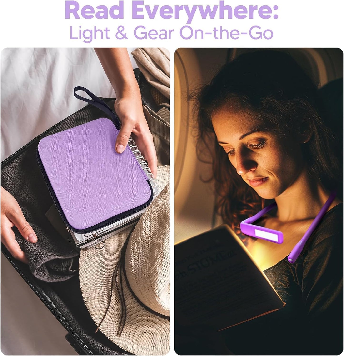 Voilet Neck Light with Storage Case, 10-80Hrs Eye-friendly Book Reading Lamp, Knitting Crochet Sewing Craft Light Rechargeable Adjustable, Christmas Birthday Gifts for Book Lovers Knitters Crafters