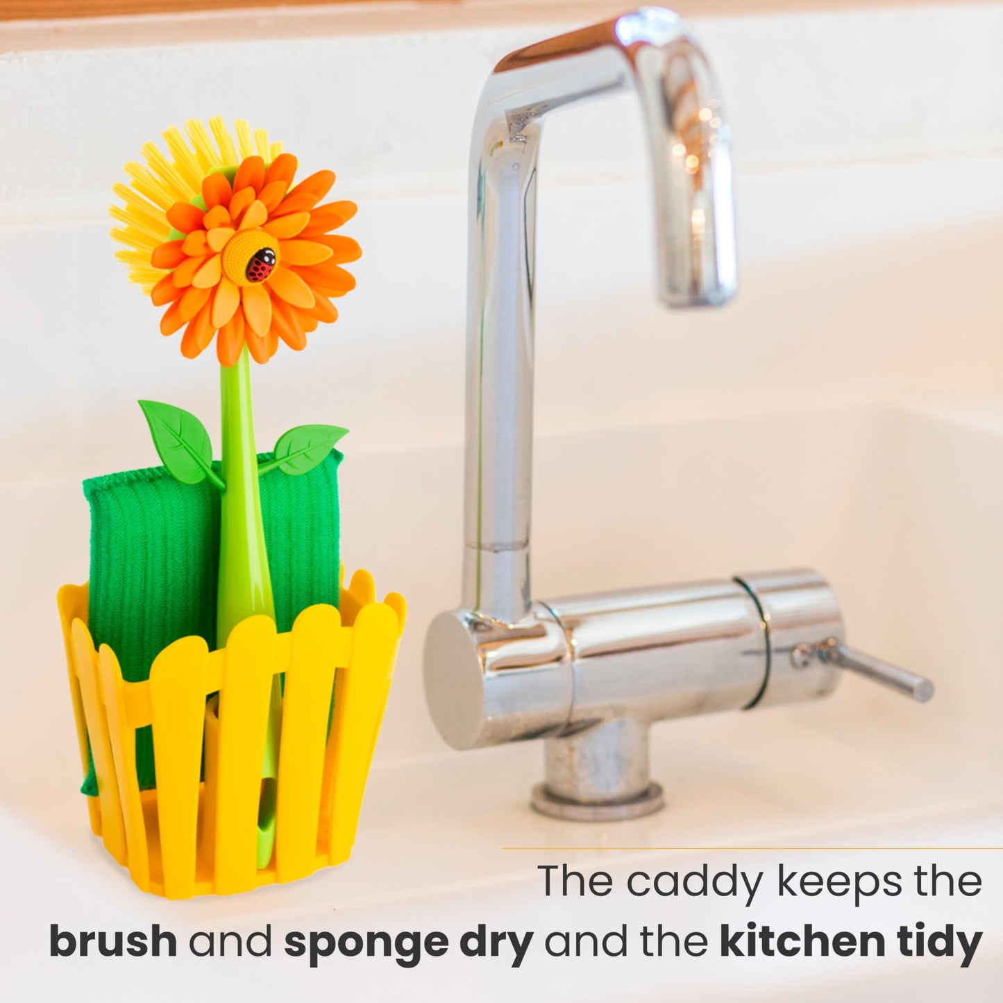 Vigar Flower Power 3-in-1 Kitchen Sink Caddy Set, Flower-Shaped Dish Brush, Sponge, Fence-shaped Holder and Suction Cup, Ideal Sink Organizer, Orange