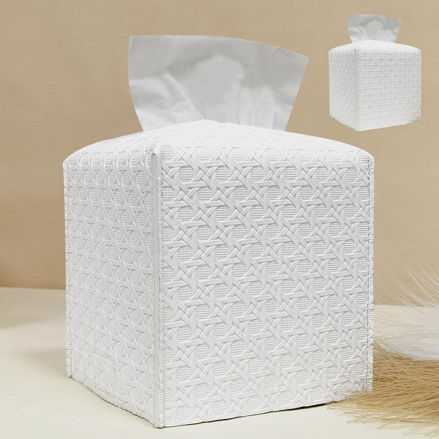 HOMOTEK 2 Pack Tissue Box Cover,PU Leather Tissue Holder,Square Decorative Facial Tissue Cube Paper Organizer Dispenser for Bathroom, Night Stands, Desk, Car 5X5X5'' - Rattan Weave, Pure White