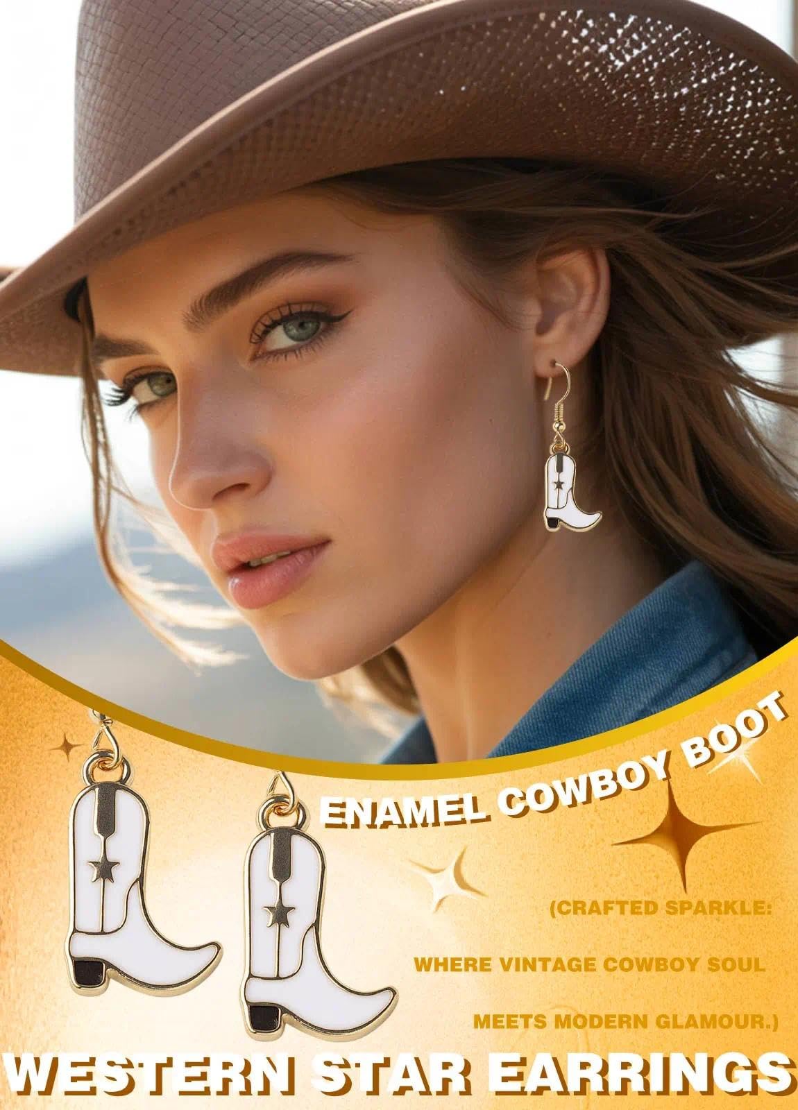 Western Cowgirl Boots Earrings White Women Costume Accessories - Enamel Dangle Drop Jewelry Cute Statement Cowboy Earrings for W