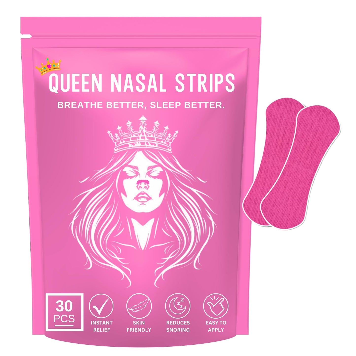 Queen Nasal Strips (30 Pack) Sleep Better - Helps with Snoring, Nasal Congestion & Exercise - Non-Invasive Anti Snoring Strips - Better Sleep - Nasal Strips - Nose Tape