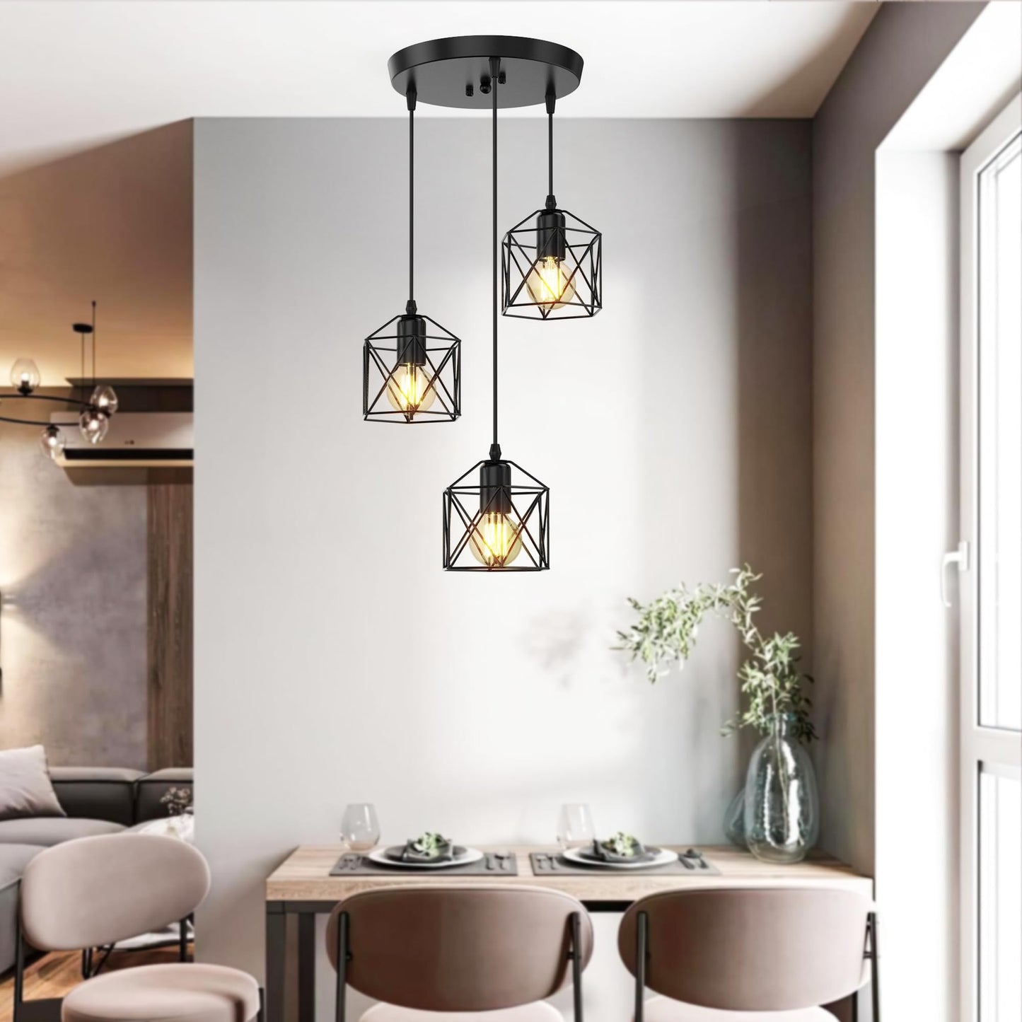 Phaosio 3-Light Pendant Lighting  Farmhouse Hanging Light Fixture For Kitchen Island & Dining Room  Industrial Vintage Ceiling Lamp With E26 Base  Adjustable Height  Matte Black